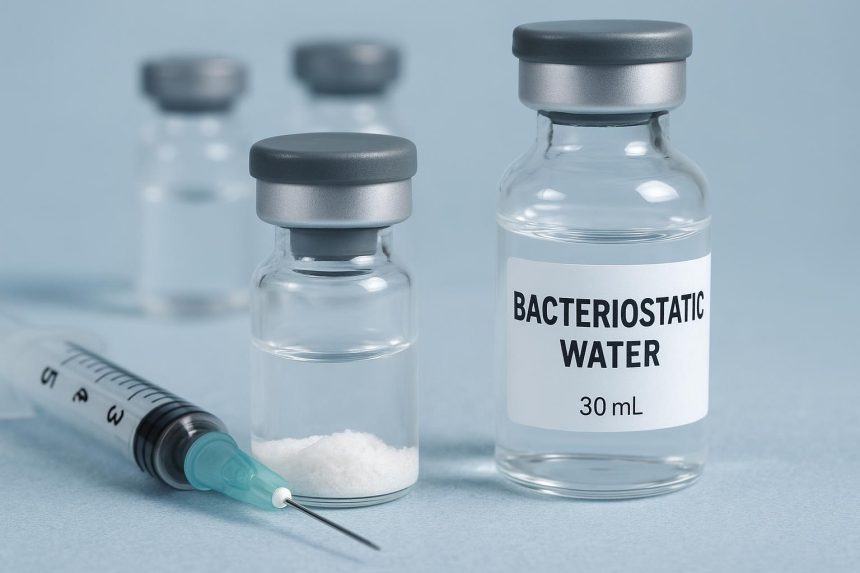 Vial of bacteriostatic water with peptide vial and syringe for research reconstitution purposes