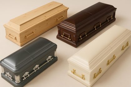 Various casket styles displayed side by side in a funeral showroom setting