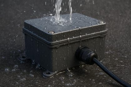 Waterproof electronic enclosure displaying IP68 rating label against a water-resistant background