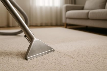 Professional carpet cleaning equipment restoring freshness and comfort to living room carpet