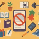 Colorful collage of books, games, and creative hobbies as alternatives to social media scrolling