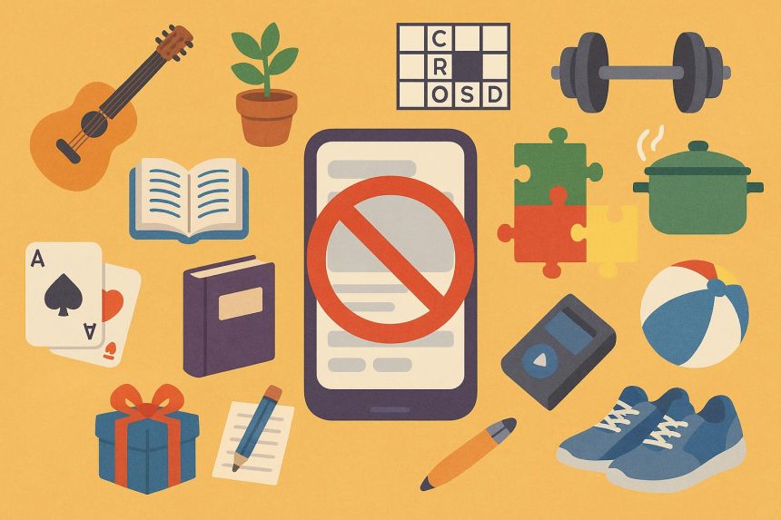Colorful collage of books, games, and creative hobbies as alternatives to social media scrolling