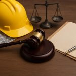 Construction contract paperwork on a desk with legal documents and a gavel representing legal disputes