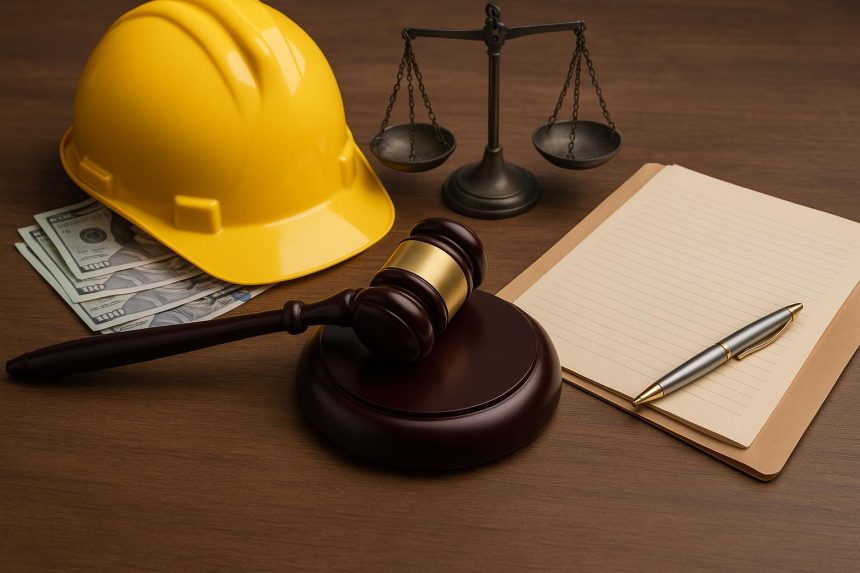 Construction contract paperwork on a desk with legal documents and a gavel representing legal disputes