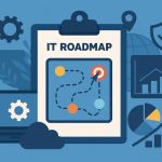 Digital roadmap with connected devices and data icons representing IT strategy for organizations