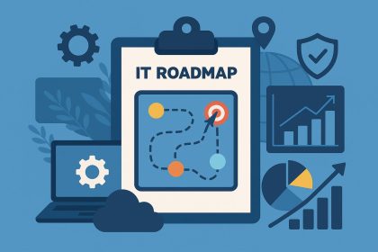Digital roadmap with connected devices and data icons representing IT strategy for organizations