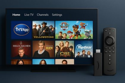 Firestick streaming device displaying TheTVApp interface for direct access without installation