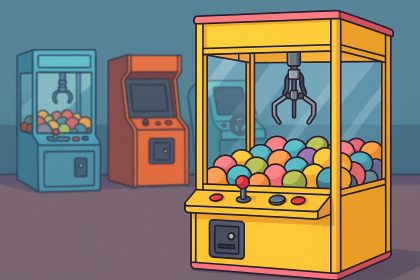 Row of colorful claw machines in an arcade setting for commercial entertainment businesses