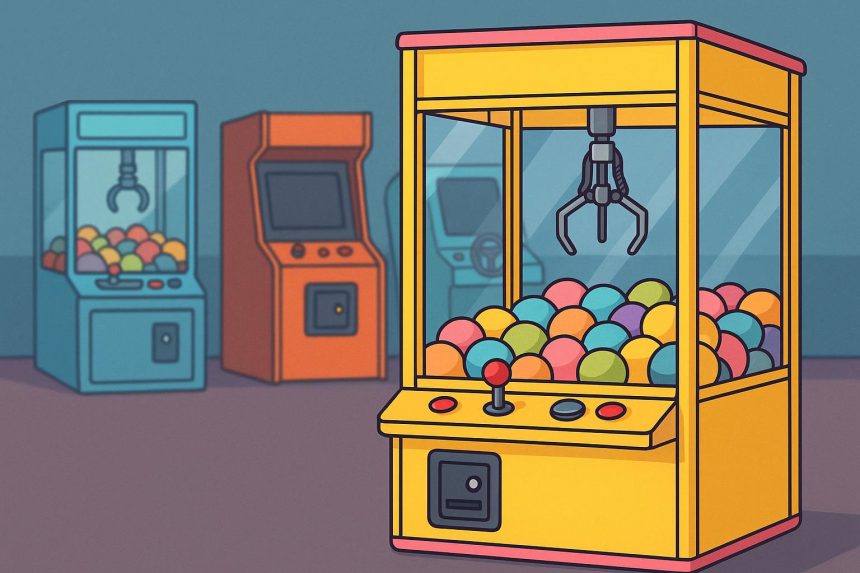 Row of colorful claw machines in an arcade setting for commercial entertainment businesses