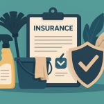 Cleaning supplies and insurance documents representing maid service insurance selection