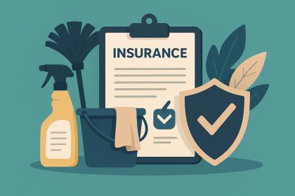 Cleaning supplies and insurance documents representing maid service insurance selection