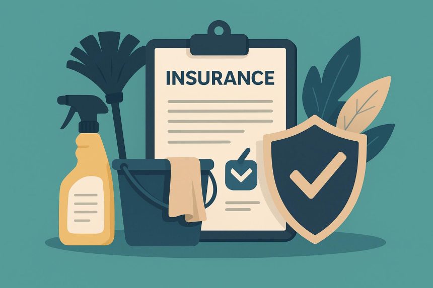 Cleaning supplies and insurance documents representing maid service insurance selection