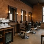 Modern barbershop interior featuring coffee bar, blending grooming services and café atmosphere