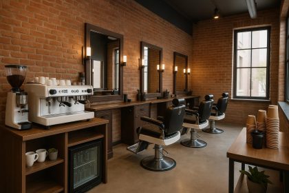 Modern barbershop interior featuring coffee bar, blending grooming services and café atmosphere