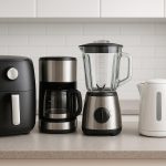 Compact blender, toaster oven, air fryer, and coffee maker on a modern condo kitchen counter