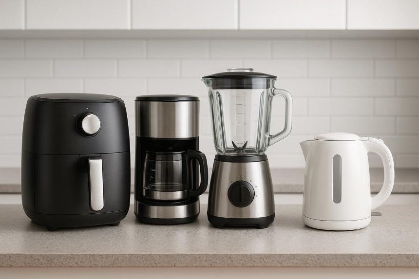 Compact blender, toaster oven, air fryer, and coffee maker on a modern condo kitchen counter