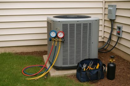 Air conditioning unit technician repairing system covered by home warranty after breakdown