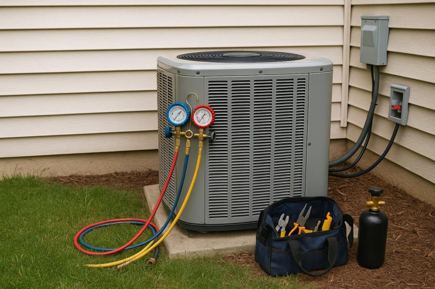 Air conditioning unit technician repairing system covered by home warranty after breakdown