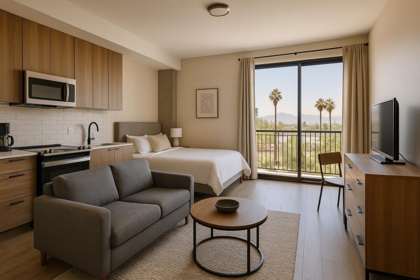 Modern furnished studio apartment interior in Phoenix, showcasing stylish living space decor