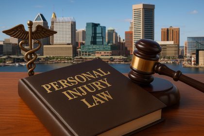 Courtroom gavel and legal scales representing top personal injury and malpractice lawyers Baltimore