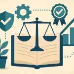 Organizational compliance culture concept with policy documents, checklists, and corporate symbols