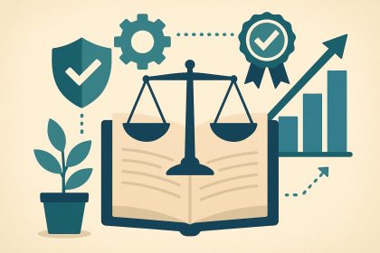 Organizational compliance culture concept with policy documents, checklists, and corporate symbols