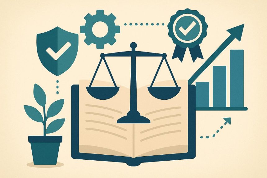 Organizational compliance culture concept with policy documents, checklists, and corporate symbols