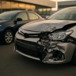 Damaged car with visible dents and repairs after collision, highlighting diminished vehicle value