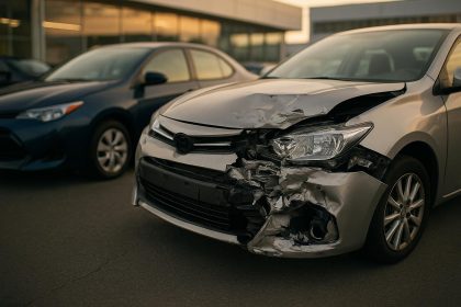 Damaged car with visible dents and repairs after collision, highlighting diminished vehicle value