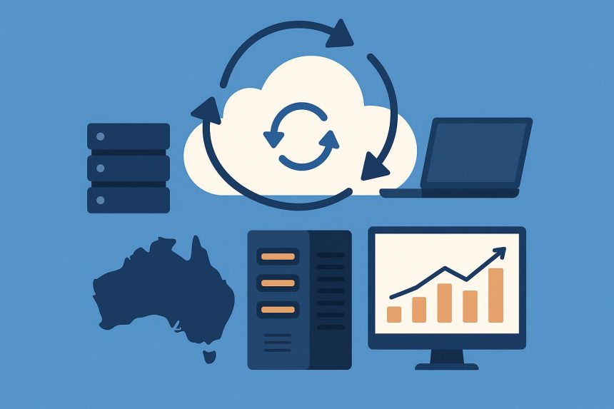 Cloud processing services concept with cloud icons and digital connections for Australian businesses