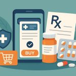 Online prescription service on a smartphone with medicine bottles and healthcare symbols