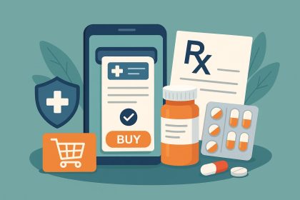 Online prescription service on a smartphone with medicine bottles and healthcare symbols
