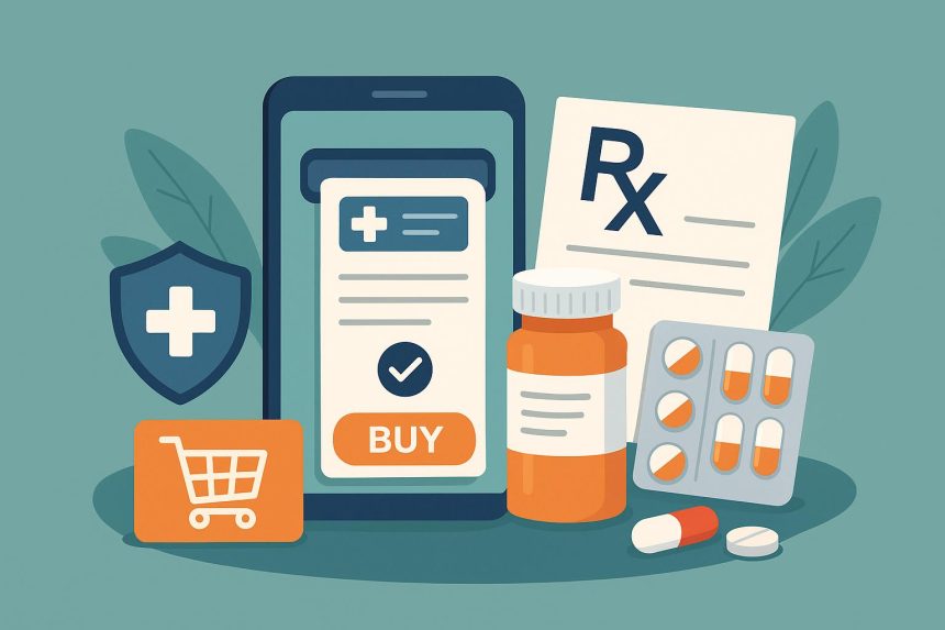 Online prescription service on a smartphone with medicine bottles and healthcare symbols