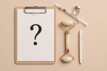 Cosmetic consultation setup with dermal filler products, brochures, and consultation forms
