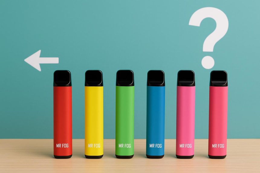 Assorted Mr Fog vape devices in various flavors and colors displayed on a sleek surface