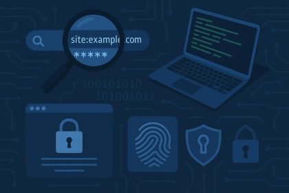 Google Dorks search queries on screen with digital forensics tools for cyber investigations