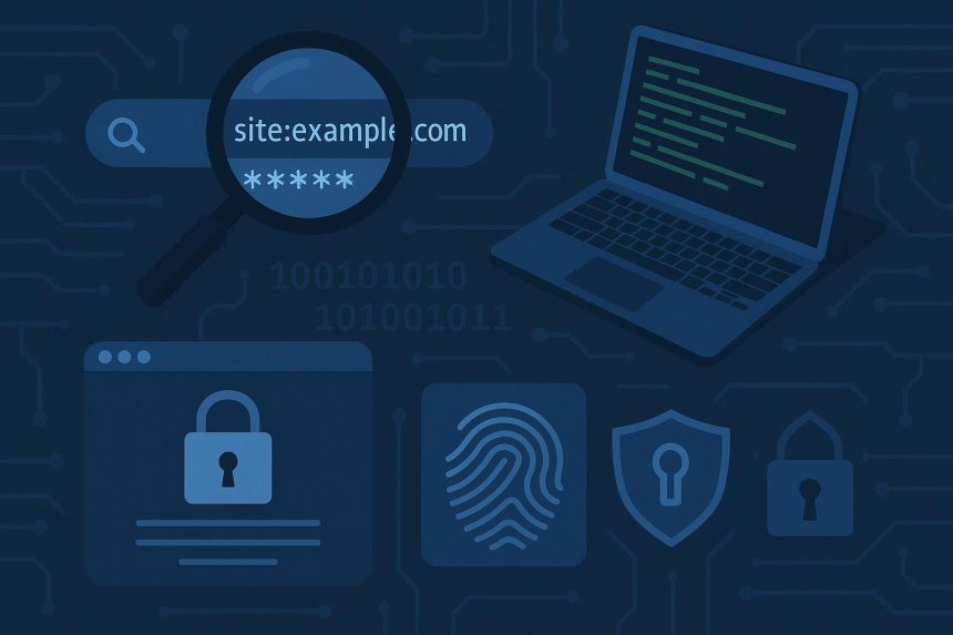 Google Dorks search queries on screen with digital forensics tools for cyber investigations