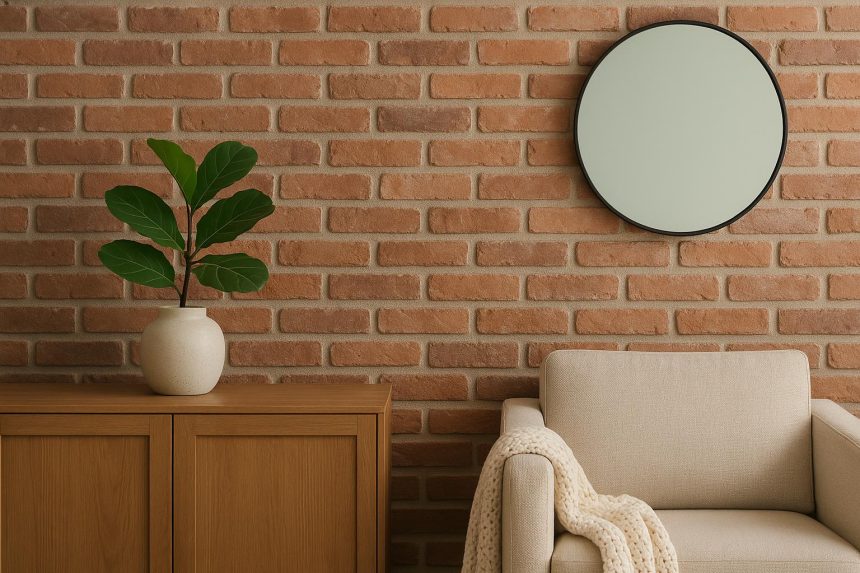 Faux brick wall paneling adds stylish, realistic texture to modern interior living room décor