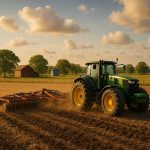 Tony Denny overseeing sustainable farming operations on green farmland with equipment in background