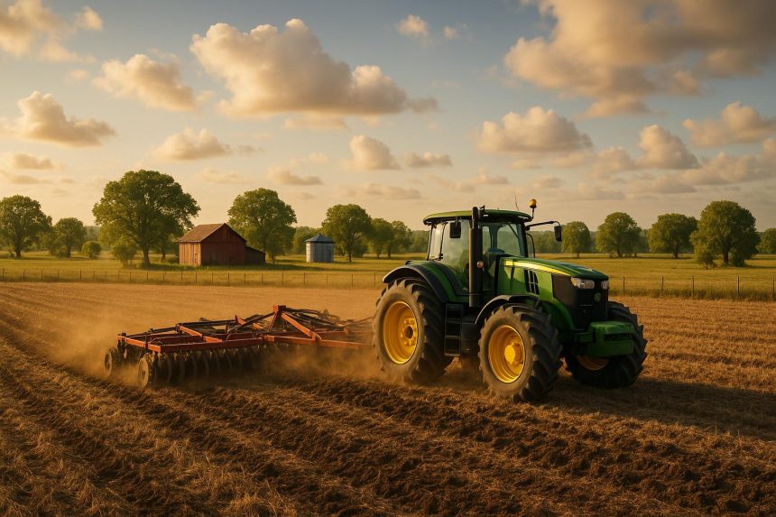 Tony Denny overseeing sustainable farming operations on green farmland with equipment in background