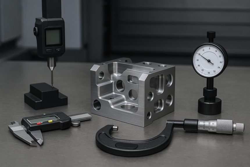 Digital caliper measuring a machined metal part on a CNC workbench for precision inspection