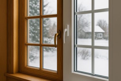 Classic wood-framed windows on a home exterior showcasing aesthetic appeal and superior insulation