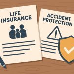 Life insurance policy documents and accident protection coverage papers on a desk with calculator