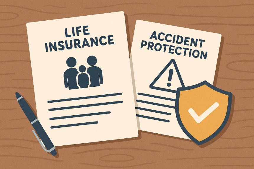 Life insurance policy documents and accident protection coverage papers on a desk with calculator