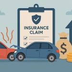 Car insurance policy document with a calculator, pen, and toy car illustrating claim and premium increase