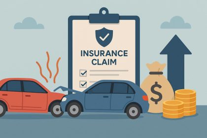 Car insurance policy document with a calculator, pen, and toy car illustrating claim and premium increase