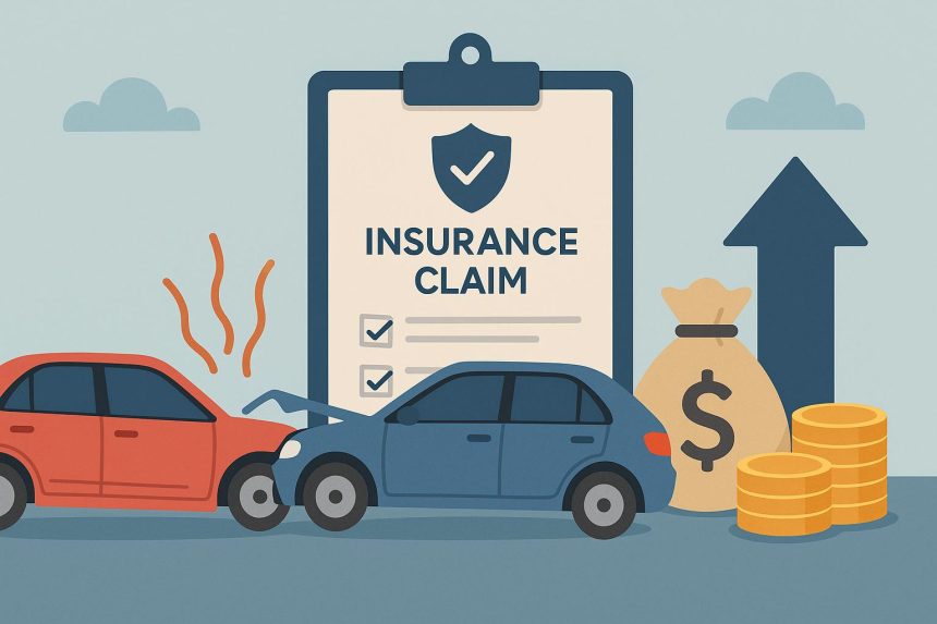 Car insurance policy document with a calculator, pen, and toy car illustrating claim and premium increase
