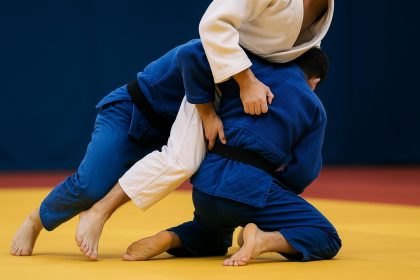 Judo competitors demonstrating legal leg grips during a match under current judo rules