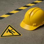 Safety signs and caution tape in a small business workspace highlighting accident prevention measures