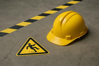 Safety signs and caution tape in a small business workspace highlighting accident prevention measures